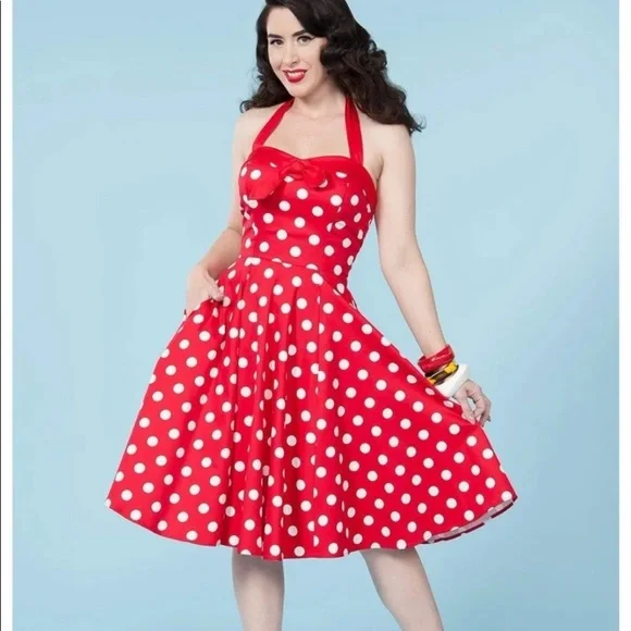 slim fit dress slacks Red Polka Dot Cotton A-Line Halter Midi Summer Beach Dress